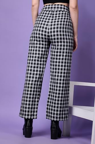 Image of POPWINGS Casual Check Print Button and Zip Closure Trouser for Women | Western Wide-Leg Trouser for Women | Summer Trousers for Women | Comfortable Semi-Formal Work Trouser for Women