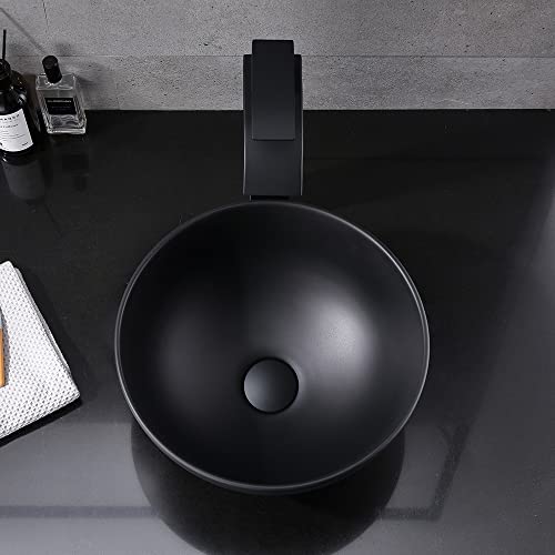 Black Round Vessel Sink With Drain Combo - Wesliv 13"X13" Matte Black Bathroom Vessel Sink Above Counter Round Porcelain Ceramic Vessel Sink Combo With Black Pop-Up Drain #TOP6