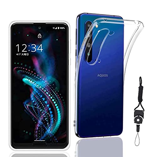 AQUOS R5G 用のケース 908SH / SH-51A / SHG01 カバー クリア 全透明 対応 TPU 耐衝撃 指紋防止 薄型 軽量 黄変防止 ストラップホール付属 ネックストラップ付 Qi充電対応 AQUOS R5G