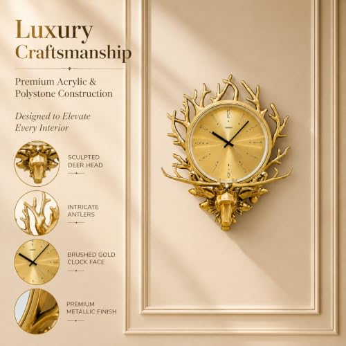 Image of ARMONIA Luxury Deer Head Wall Clock for Living Room | Premium Polystone & Acrylic Decorative Clock with Silent Quartz Movement | Modern Golden Designer Wall Decor for Home, Office & Gift | 23.6 Inches