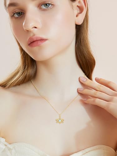 14K Gold Lotus Flower Necklace Moonstone Alcoholics Anonymous Lotus Pendant Necklaces Jewelry for Women Birthday Christmas Valentines Day Gifts for Her Mom Wife,16+2 Inch3
