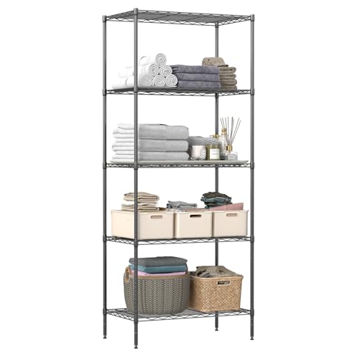 Image of BestOffice | 5-Tier Wire Storage Shelves | 14 x 24 x 60 | Black | with Adjustable Racks | Metal Shelf, Holds Upto 500 lbs | No-Tool Assembly | Ideal for Home & Garage Shelving