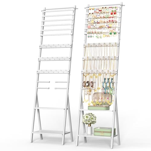 NOVIMANGO Jewelry Stand Organizer, Jewelry Holder Organizer, Floor Standing Jewelry Armoire White Large Hanging Jewelry Stand with Earring Organizer Necklace Holder