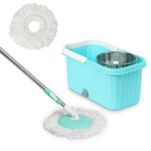 Image of BonKaso Plastic Spin Mop Bucket, Moppers for Cleaning Floor, Mop Set Extendable Handle, Removable Steel Wringer 360 with Floor Cleaner Mopping Stick (Square Steel Wrangler Mop Set)