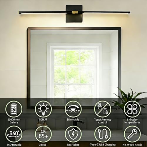 Image of iThird Battery Operated Wall Sconces Set of 2: 10000mAh Rechargeable Wireless Wall Lights, 360 Rotatable Magnetic Wall Lamp, 4CCT Dimmable LED Wall Lighting for Bedroom Living Room Hallway, 31.7in