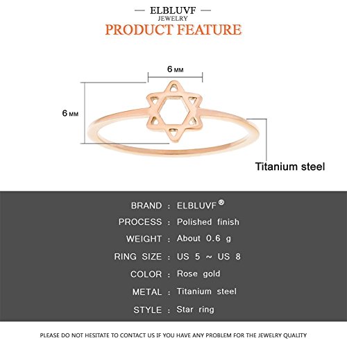 Elbluvf Stainless-Steel14K Rose Gold Plated Star Of David Jewish Star Little Finger Ring (8) #TOP4