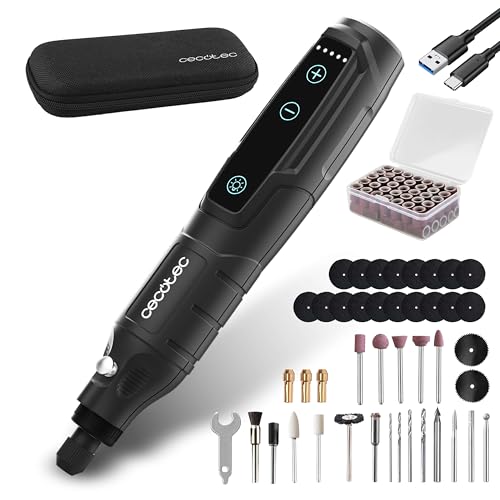 Cecotec Outil Rotatif Multifonction avec Batterie de 3,7V Multihand One Detail, Vitesse Ajustable en 5 Niveaux (5000-18000 rpm), Lumière LED, Inclut Étui et 74 Accessoires de Coupe, Ponçage et Plus