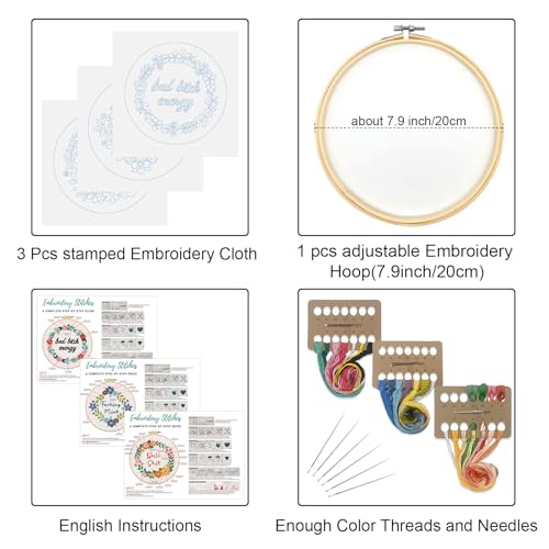 Image of Louise Maelys 3 Sets Funny Embroidery Kits for Beginners,Cross Stitch Kit with Adults,DIY Arts Craft with Flower Wreath Pattern,Including Cloth,Hoop,Instructions and Threads