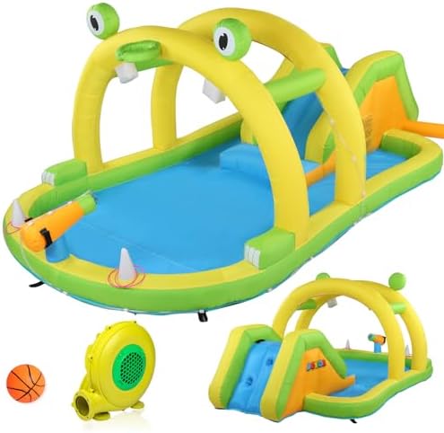 JOYMOR Inflatable Water Park with Blower, Climbing Wall, Water Gun & Splash Pool – Kids Backyard Water Slide for Summer Outdoor Fun