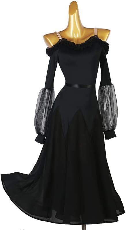 高評価のクリスマスプレゼント 女性用バルーンスリーブ社交ダンスドレス オフショルダーのモダンワルツダンスコスチューム カットアウトバックレスタンゴフォックストロットドレス ビッグスイングスカート Applepress Ca
