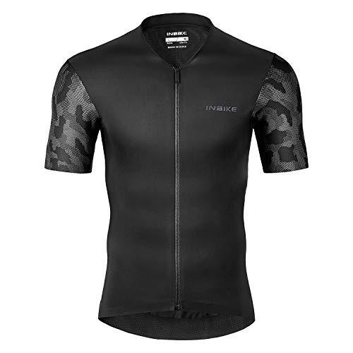 INBIKE Cycling Jersey Men, Full Zip Quick Dry Short Sleeve Shirt Bike Accessories Running Tops Bike Biking Shirt Black Large