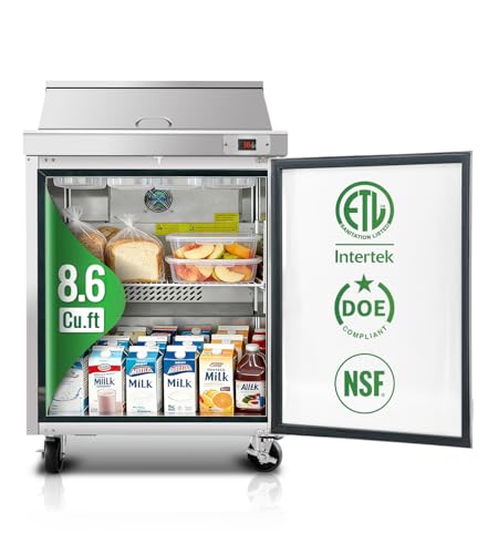 29' W Commercial Refrigerators Sandwich Salad Prep Table, 8.6 Cu.Ft Stainless Steel Food Prep Fridge with 8 Pans, Adjustable Shelves, Auto Defrost, Good Choice for Poke Bowl Shops, Delis, Food Truck