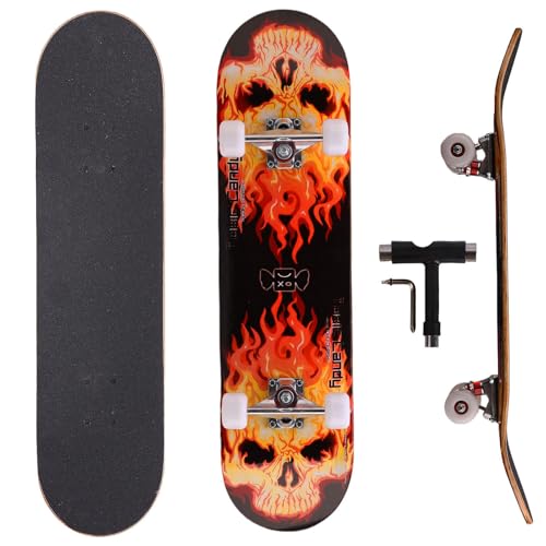 Image of Skull & Wolf Professional Double Kick Skateboard, 31 inch Maple Deck, ABEC-9 Bearings, 97A PU Wheels