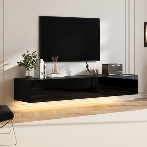 63" W Floating TV Stand with LED Light & 3 Large Drawers for Tele...