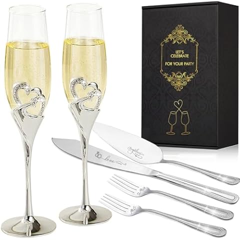 VARLKA Wedding Cake Knife and Sever Set, Wedding Gifts for Couples 2024, Mr and Mrs Champagne Flutes with Cake Cutting Set for Wedding Bridal Shower Gifts Cover