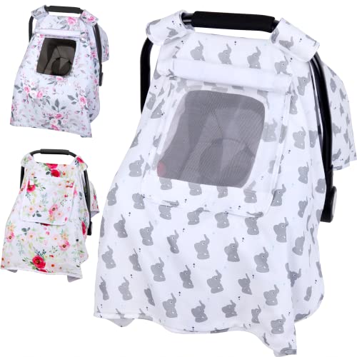 Image of Baby Car Seat Cover, Infant Carseat Canopy with 3 Layers Windows, Breathable Mesh Peep Window, Kick-Proof Carrier Cover for Boys Girls, Windproof Stroller Cover Shower Gift for Newborn (Elephant)