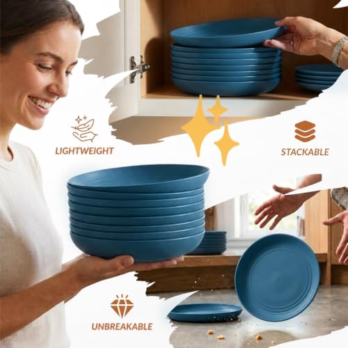 Image of Homienly Unbreakable 8 Pcs Deep Dinner Plates Reusable Plastic Wheat Straw Plates Set Lightweight Kitchen Plates for Salad, Lunch, Dessert, Microwave & Dishwasher Safe Plates for Camping (Blue, 9 In)