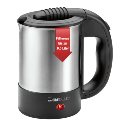 Clatronic Wasserkocher klein 0 5 Liter | Reisewasserkocher inkl. 2 Tassen Reisebeutel und Löffel | Edelstahlgehäuse | Mini Wasserkocher | 1000W | Camping Wasserkocher | WKR 3624