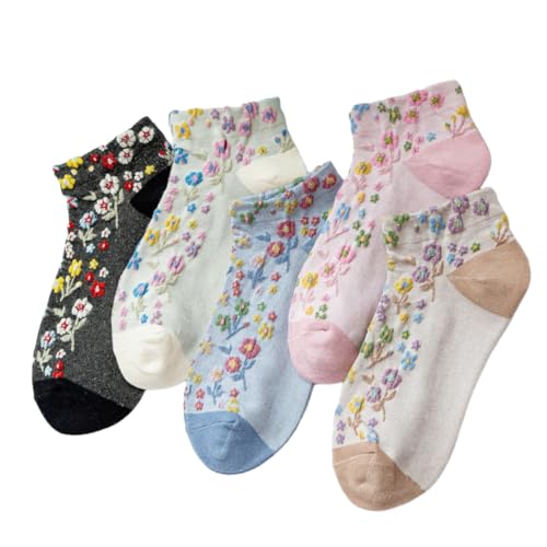 5 Pairs Cute Ankle Socks Kawaii Embroidered Floral Combed Cotton Socks For Girls Women