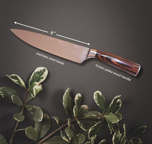 Image of Professional Chef Knife | Personalized 8 inch Stainless Steel Kitchen Knife | Custom Engraved Initial & Name | Brown Pakka Wood Handle