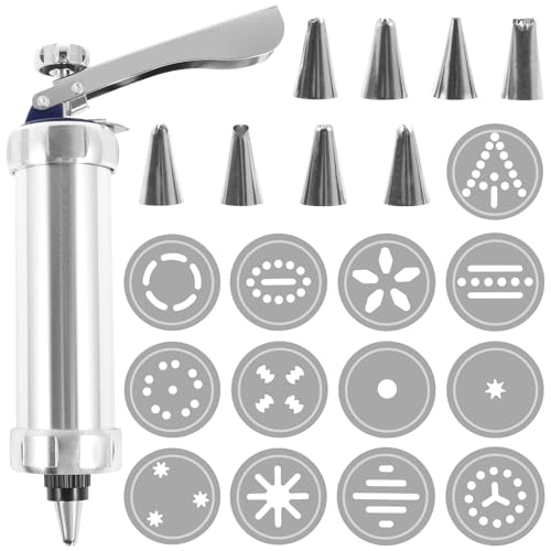 Fyrome Cookie Press Kit, 13 Cookie Discs & 8 Icing Nozzles, Stainless Steel & Aluminum, Easy to Use & Clean, Perfect for Various Occasions