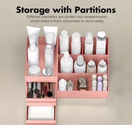 Image of Plastic Versatile Cosmetic Organizer Box With Drawers And Vanity Brush Holder Makeup Storage For Women Lipsticks, Skincare, Brushes, Eyeshadows, Lotions, Nail Polish, Stationery, White (PINK)