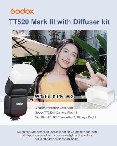 عدة فلاش TT520III عالمية بموزع ضوء لكاميرا كانون ونيكون وسوني وفوجي واوليمبوس، سبيدلايت لاسلكي بقاعدة فلاش وجهة اتصال واحدة وتردد 433MHz وقدرة GN33 حتى 400 ومضة بأوضاع العبد البصري S1 وS2، من جودوكس