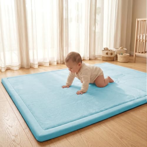 Image of ACOMOPACK Baby Play Mat for Floor 1.3 inch Thick Memory Foam Play Mat 59 inchx71 inch Tummy Time Crawling with Non-slip Bottom for Living Room,Nursery,Soft Velvet Playpen Mats for Kids,Infants(Light Blue)