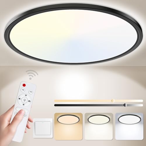 Yexati Bathroom Light 24W 3200LM 30cm Dimmable with Remote Control 6500K-3000K, IP54 LED Bathroom Light Ultra Thin Flush Ceiling Light Round for Kitchen Toilet Porch Bedroom Utility Room Black