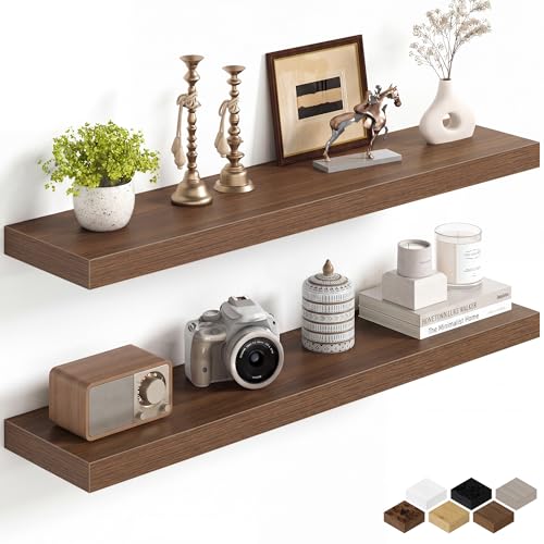 Image of Fun Memories 36Inch Floating Shelves for Wall, 8 Inch Deep Shelves for Bathroom|Bedroom|Kitchen, Large Wall Mounted Wood Hanging Shelf with Invisible Brackets for Home Storage Decor, Walnut - 2 Pack