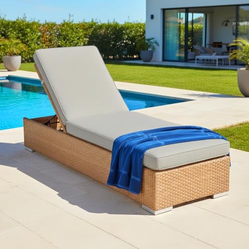 Image of DEVOKO Outdoor Rattan Wicker Sun Lounger Recliner for All Weather Comfort with Durable Metal Frame Ideal for Garden, Deck, Lawn, Poolside (Beige & Grey)