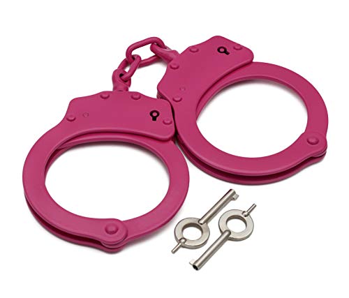 Foxfend Double Locked Chain Handcuffs - Police Edition Professional Grade Heavy Duty Steel W/Two Keys (Pink)