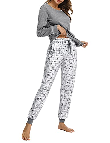 Litherday Pijama Mujer Invierno Algodón Suave y Transpirable Conjunto de Pijama Largo con Bolsillos y Cordón Ropa de Dormir Cómoda Talla Grande, Gris, M