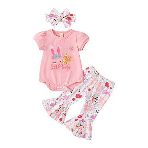 Image of Easter Outfits Newborn Baby Girls Bunny Print Short Sleeve Romper Top Bell Bottoms Headband 3Pcs Summer Clothes(Romper-16,0-3 Months)
