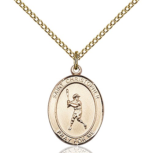Bonyak Jewelry Saint Medal Collection Custom Engraved Gold Filled St. Christopher/Baseball Pendant 3/4 x 1/2 inches with Gold-Filled Lite Curb Chain