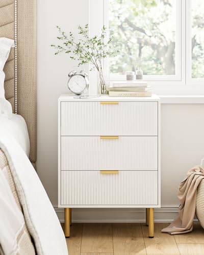 AEPOALUA Night Stand,Tall Bedside Table with 3Storage Drawers,White Nightstand,Bedside Furniture,Side Table with Gold Frame,End Table for Bedroom,Living Room (Modern-3drawers, White)
