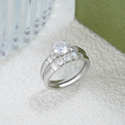 Round-Cut Moissanite Engagement Ring Set for Women, 18K 14K 10K Gold Round Brilliant Cut Moissanite Bridal Ring Set, Promise Ring Wedding Band Anniversary Birthday Jewelry Gift for Her4