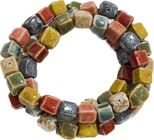 Bracelet amérindien pour femme - Joli bracelet enveloppant en céramique coloré - 3 rangées de perles empilables - Bracelet extensible vintage - Bijoux...