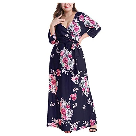 Vestidos de Talla Grande para Mujer Casual Midi Deep V Cross Manga Corta Floral de Manga Larga