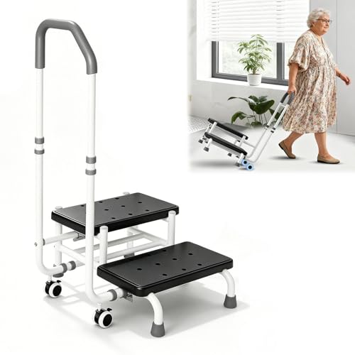 2 Step Stool with Handle for Elderly 330lb Capacity Features 5-Position Handrail & 360 Rolling Wheels as a Stable Bed Step Stool for Safe Access to High Beds Bathtub Kitchen RV