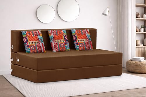 Image of Rosebell Three Seater Foldable Sofa Cum Bed (5x6 Feet) ? Jute Fabric, Washable Removable Cover, Includes Cushion | Space Saving Convertible Sofa Bed for Home, Office & Guests - Brown