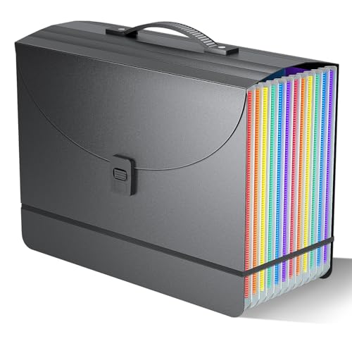File Organiser Box Files Folder Document Organiser with Handle,13 Pockets Portable Document Folders for Paperwork A4,Concertina File Expanding Filing Box Paper Organiser for Office School Home,2x Tabs