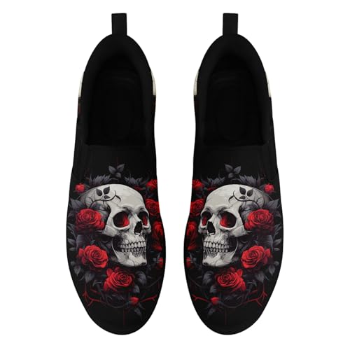 Women's Gothic Skull Slip Ons Sneakers Elastic Canvas Casual Loafers Rock &Punk Low Top Walking Shoes for Men2