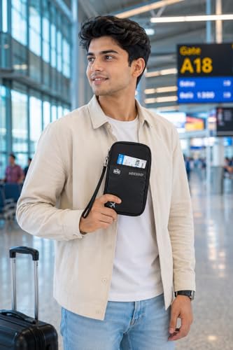 Image of Wooum Unisex Polyester Passport Bag Passport Wallet with Boarding Pass Bag Travel Document Holder Passport Organizer with Credit Card Case Travel Accessory Bag (Grey.Black)