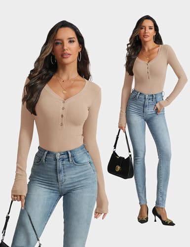 Women's Long Sleeve V Neck Shirt Sexy Henley Tight Slim Fitted Going Out Top Ribbed Button Fall Fashion 20253