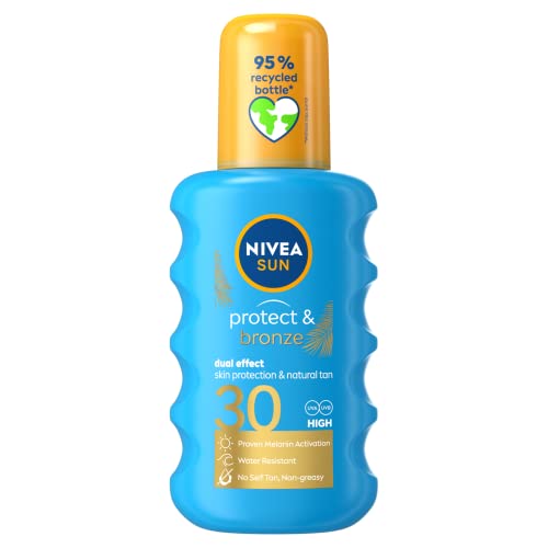 Nivea SUN Protect & Bronze Sonnenspray (200 ml), Bronzing Tanning Lotion Spray mit LSF30, fortschrittlicher Sonnencreme-Schutz, natürlicher Pro-Melanin-Extrakt 1