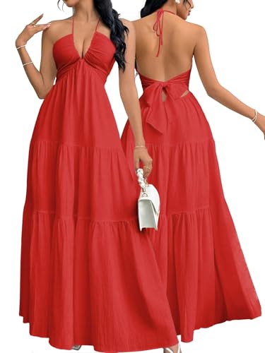 Image of Narecte Women's Maxi Summer Dresses Halter V Neck Beach Dresses for Women A-Line Casual Dress for Vacation