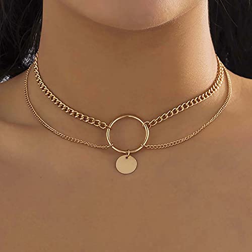 TseenYi Offener Kreis Anhänger Choker Halskette - Geschichtet Scheiben Punk Großer Kreis Gold Klobige Kette Schmuck Für Frauen Und Mädchen