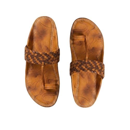 Image of Agadi Men's Kolhapuri Style Sandals | Handcrafted Woven Strap Toe Ring Chappals | Comfortable Ethnic & Casual Slip-On Footwear for Men
