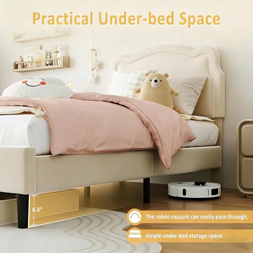 Image of GarveeHome Twin Upholstered Smart LED Bed Frame with Headboard, Velvet Princess Platform Bed Frame for Kids, Wooden Slats Support, No Box Spring Needed (Off-White)